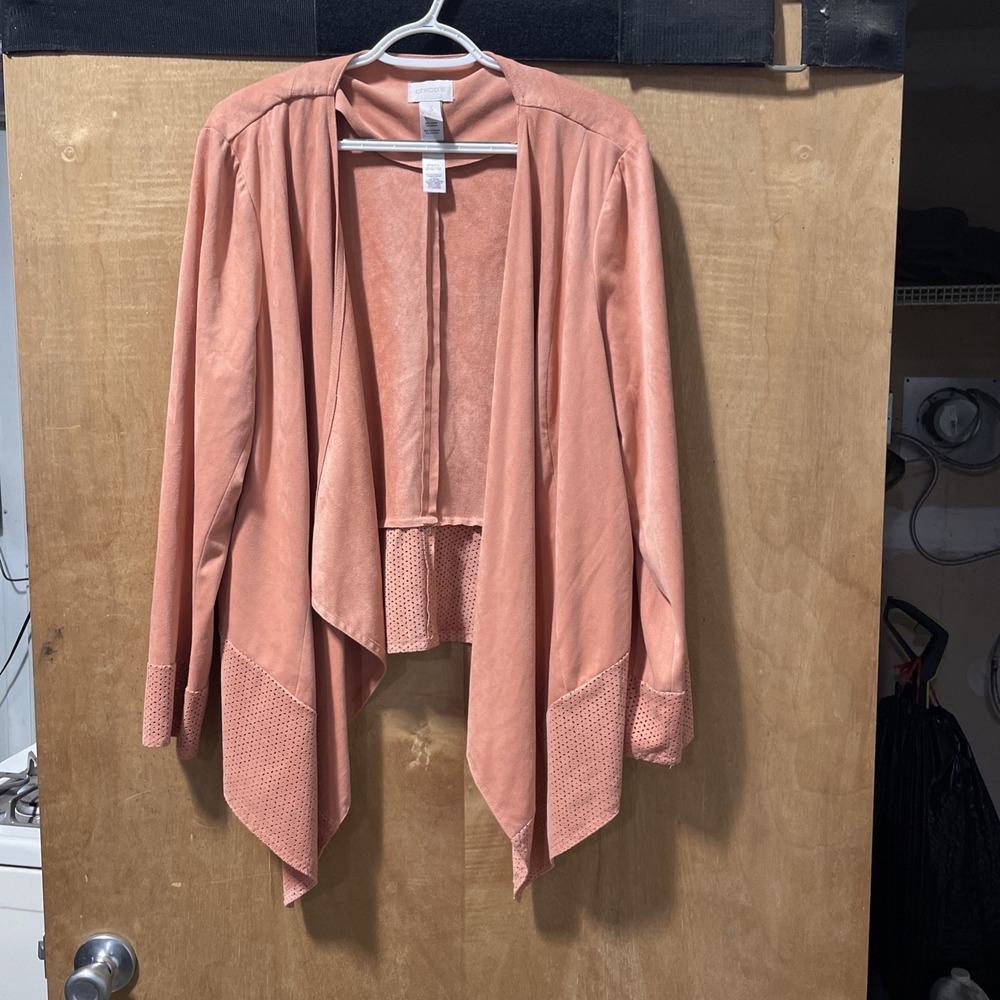 Chico's‎ Women's 3 Salmon Peach Faux Suede Open Front Draped Perforated Jacket